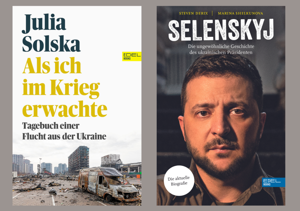Zwei Bücher über den Ukraine Krieg: Die Buchcover vom Flüchtlingstagebuch von Julia Solska und die Biografie von Selenskyj